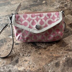 Coach Pink and Cream Patterned Monogram Wristlet Purse